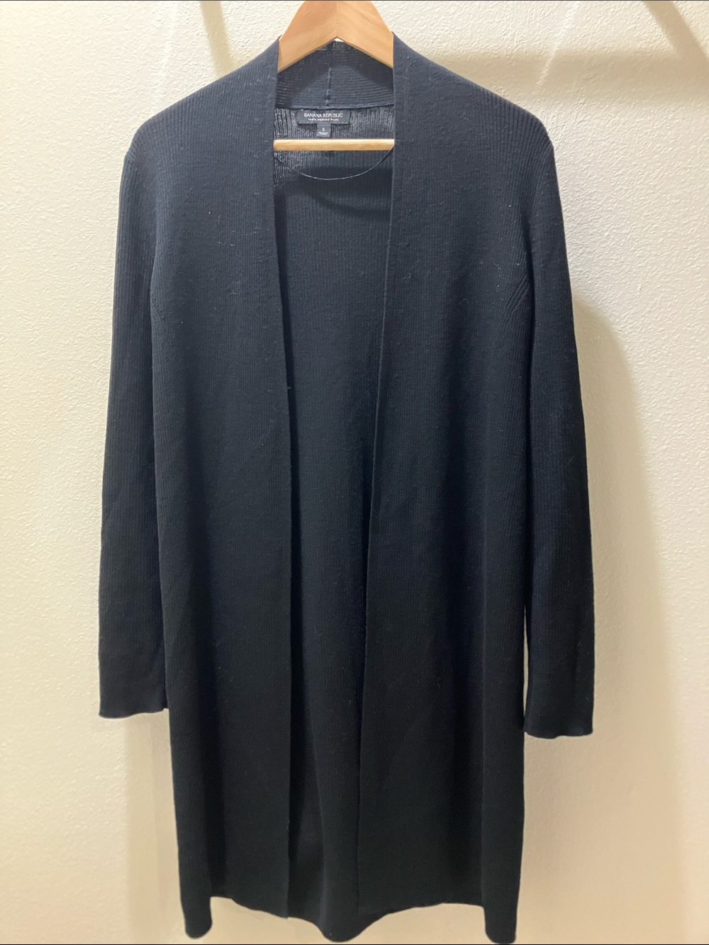 Banana Republic 100% Merino Wool Black Open-Front Longline Cardigan